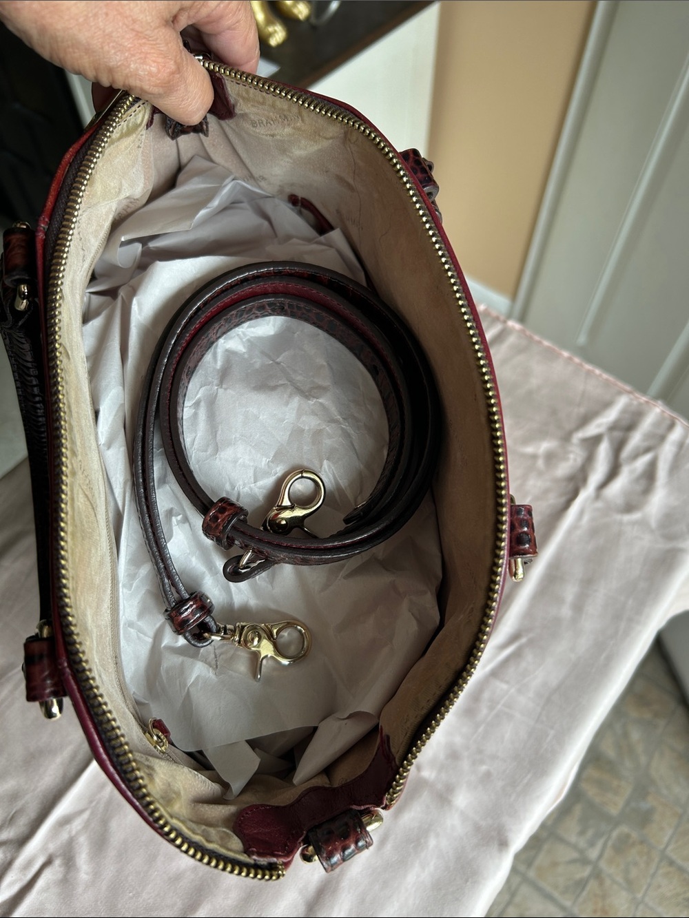Brahmin Burgundy Leather Satchel with Croc-Embossed Trim - Picture 13 of 16
